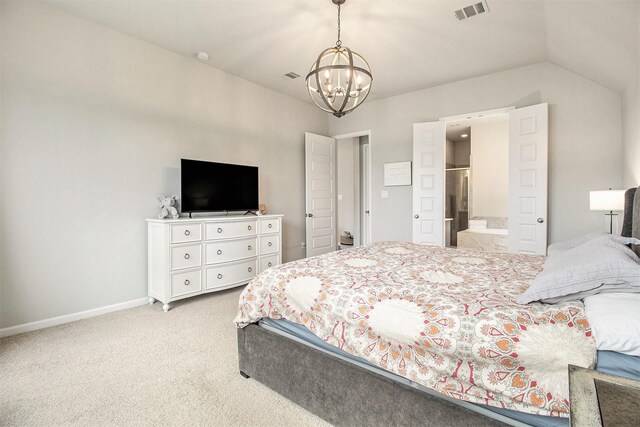 bedroom featuring visible vents, baseboards, light colored carpet, vaulted ceiling, and an inviting chandelier