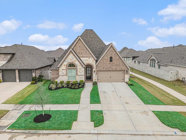 french country home featuring a front lawn, fence, roof with shingles, concrete driveway, and brick siding