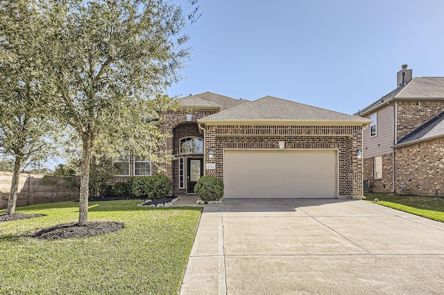 view of front facade with a front yard, driveway, an attached garage, a shingled roof, and brick siding