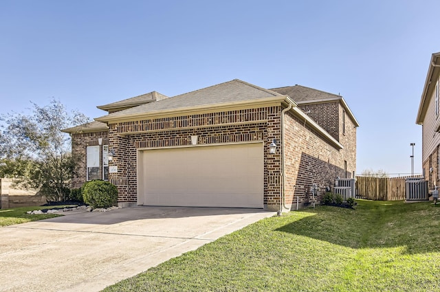 view of front facade with brick siding, fence, a front yard, central AC unit, and driveway