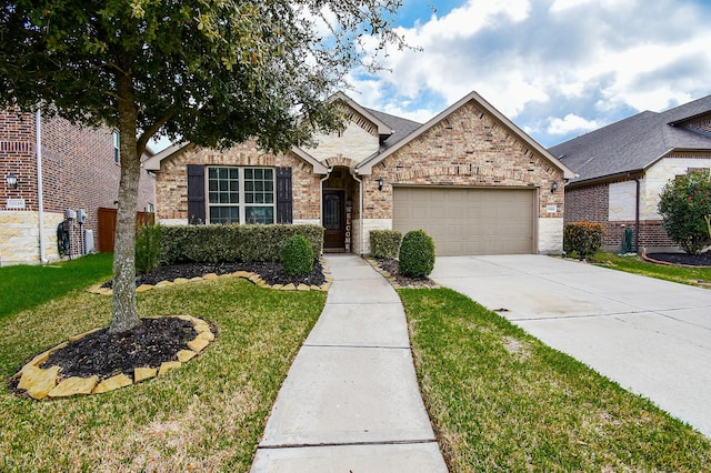 view of front of property featuring concrete driveway, an attached garage, brick siding, and a front lawn