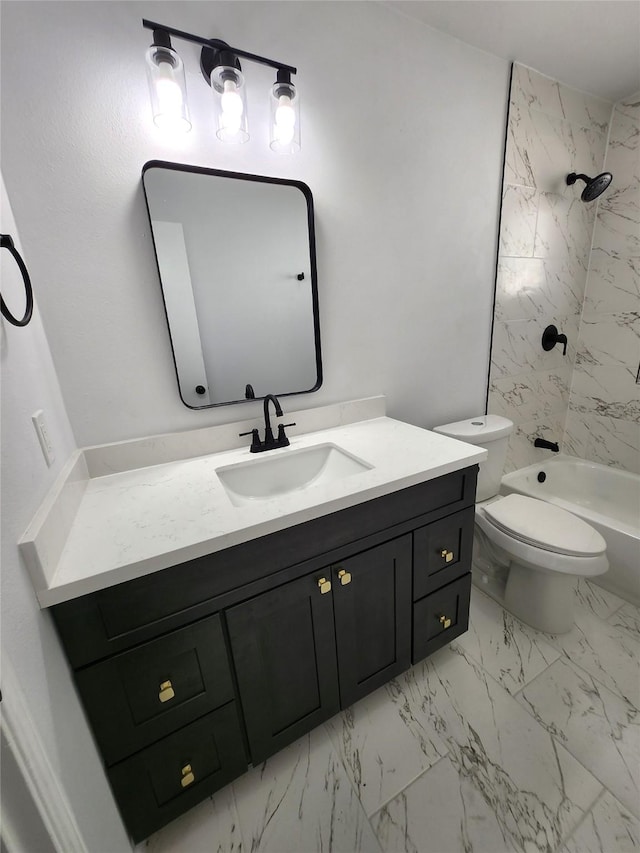 full bath featuring tub / shower combination, toilet, marble finish floor, and vanity