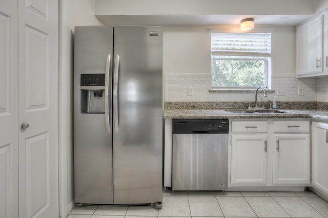 kitchen with a sink, white cabinets, backsplash, and stainless steel appliances