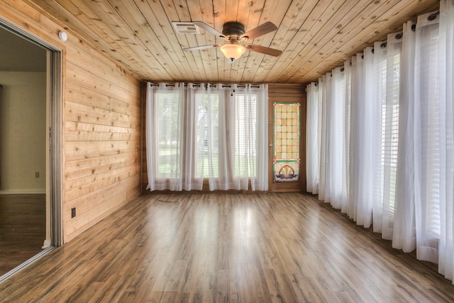 spare room featuring visible vents, wooden ceiling, wooden walls, and wood finished floors