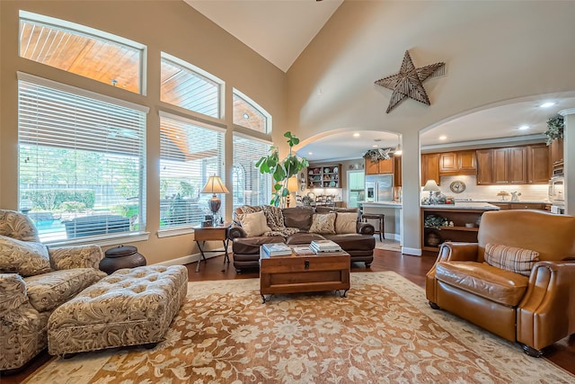 living room with baseboards, wood finished floors, arched walkways, and high vaulted ceiling