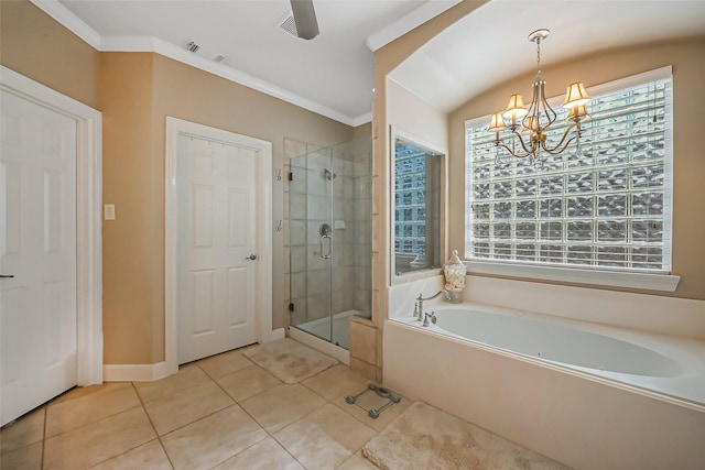 full bath featuring a bath, plenty of natural light, a shower stall, and tile patterned floors