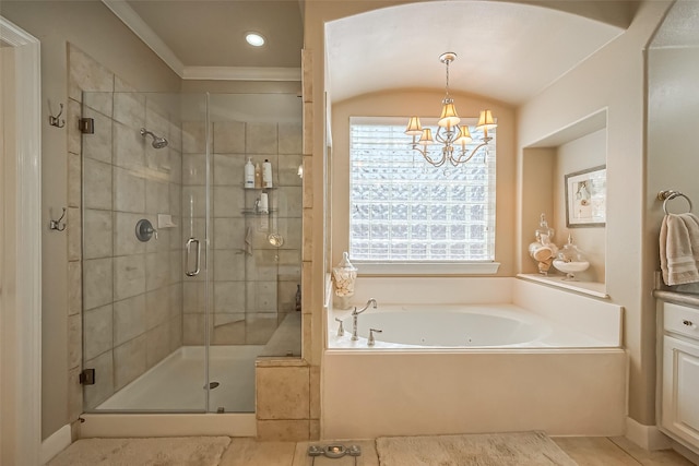 full bathroom featuring tile patterned flooring, a shower stall, an inviting chandelier, and a garden tub