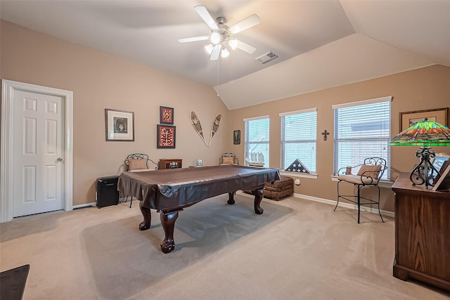 rec room with billiards, baseboards, visible vents, lofted ceiling, and light carpet