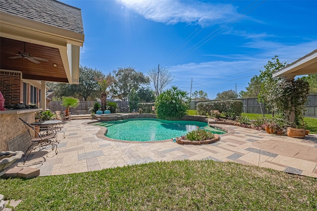 view of swimming pool featuring a patio area, a fenced in pool, a ceiling fan, and a fenced backyard