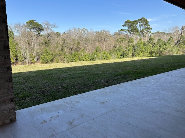 view of yard featuring a patio and a view of trees