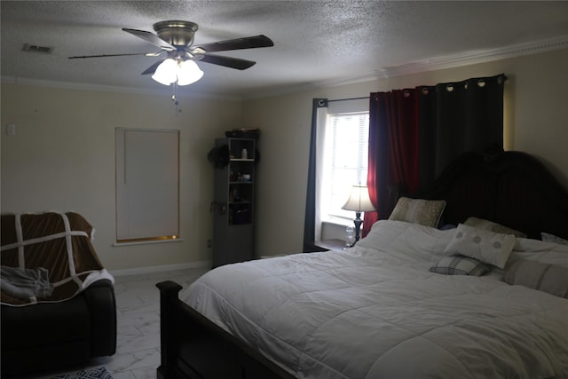 bedroom with baseboards, visible vents, a textured ceiling, crown molding, and marble finish floor