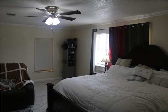 14902 Woodford St, Channelview, TX 77530 - bedroom with marble finish flooring, a textured ceiling, ornamental molding, a ceiling fan, and baseboards