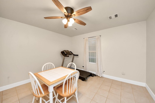 dining area featuring light tile patterned floors, visible vents, baseboards, and a ceiling fan