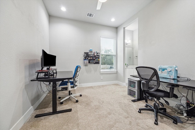 carpeted home office featuring visible vents, recessed lighting, and baseboards