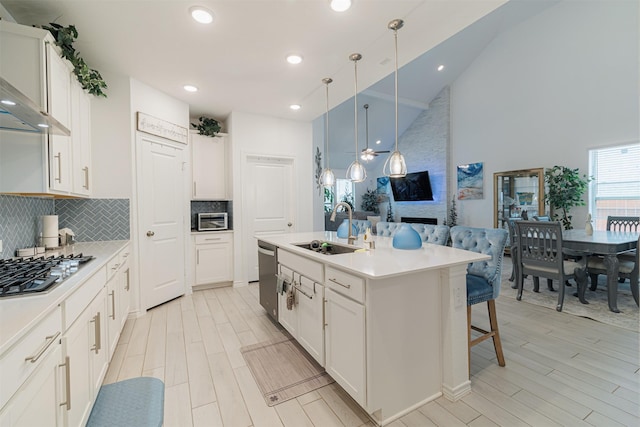 kitchen with wood finish floors, a center island with sink, appliances with stainless steel finishes, and a sink