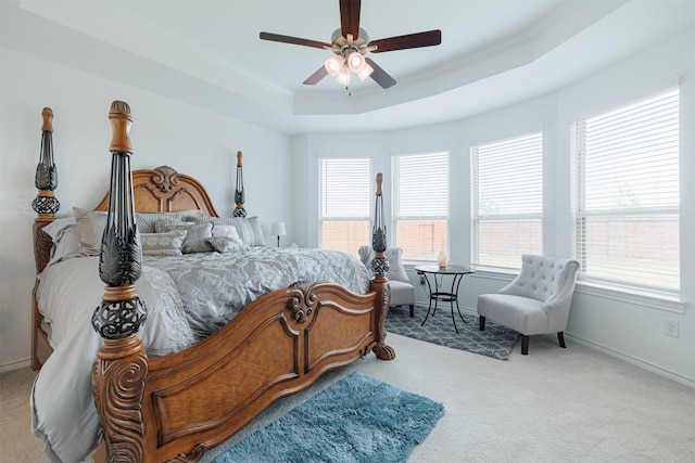 bedroom with multiple windows, a raised ceiling, and carpet