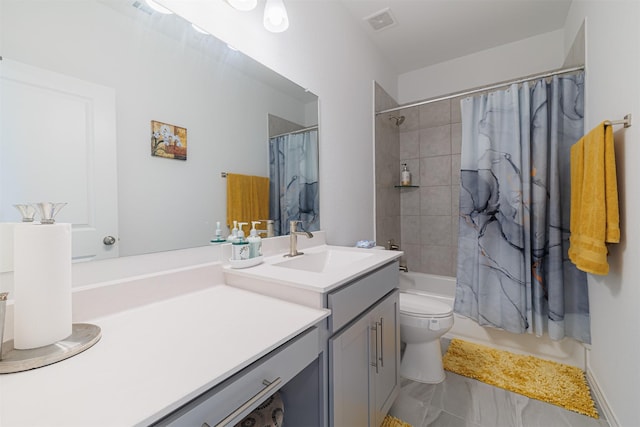 full bathroom featuring visible vents, toilet, vanity, and shower / bath combination with curtain