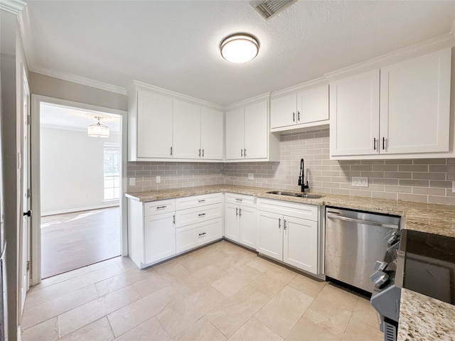 kitchen with white cabinetry, electric range, a sink, dishwasher, and tasteful backsplash