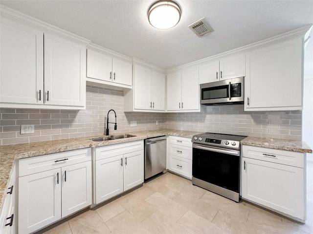 kitchen with visible vents, a sink, white cabinetry, appliances with stainless steel finishes, and decorative backsplash