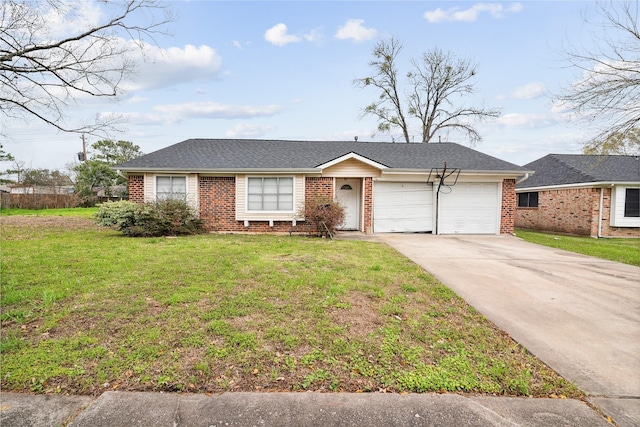 ranch-style home featuring brick siding, a front yard, roof with shingles, a garage, and driveway