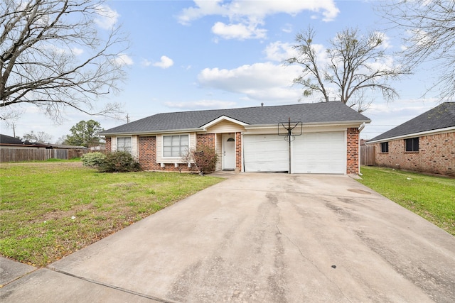 ranch-style house with brick siding, an attached garage, concrete driveway, and a front lawn