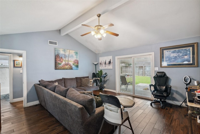 living area featuring visible vents, baseboards, dark wood-type flooring, and vaulted ceiling with beams