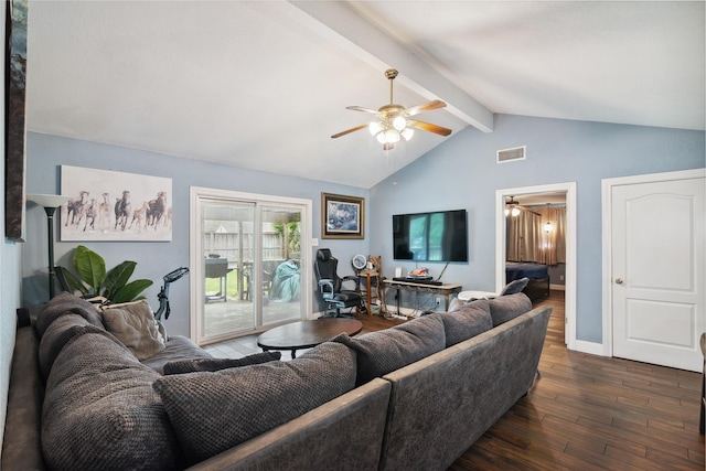 living room with dark wood-style floors, visible vents, baseboards, lofted ceiling with beams, and ceiling fan