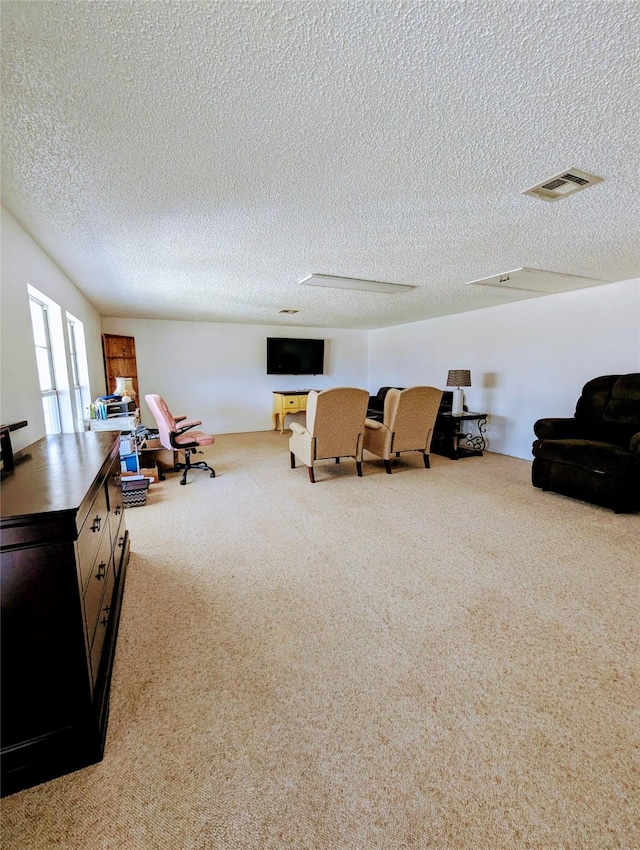3902 Moore Cemetery Rd, Groveton, TX 75845 - carpeted living area with a textured ceiling