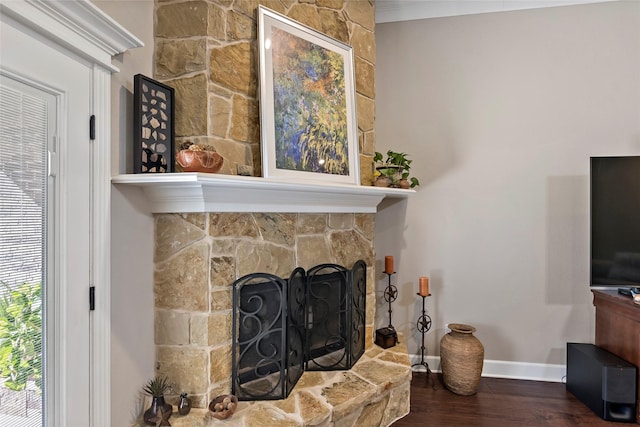 details featuring a fireplace, crown molding, baseboards, and wood finished floors