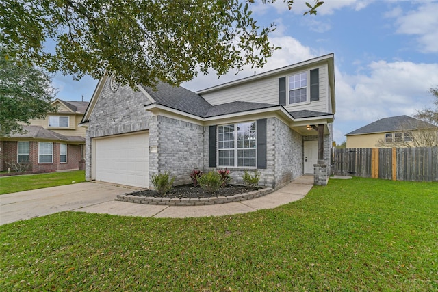 traditional-style home featuring a garage, concrete driveway, a front lawn, and fence