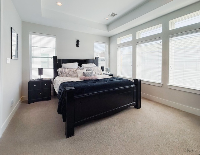 bedroom with visible vents, multiple windows, and a tray ceiling