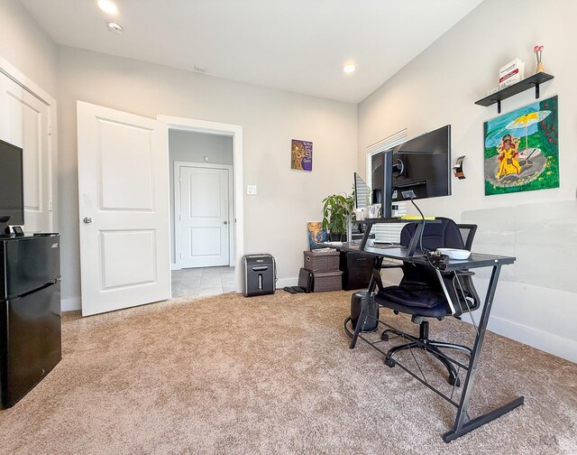 office area with recessed lighting, baseboards, and carpet floors