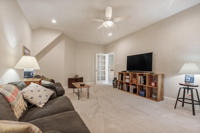 carpeted living room featuring recessed lighting, baseboards, ceiling fan, and vaulted ceiling