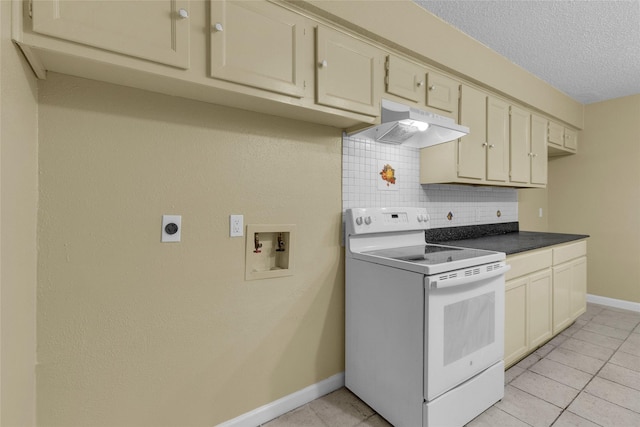 kitchen with under cabinet range hood, tasteful backsplash, white range with electric stovetop, light tile patterned flooring, and baseboards