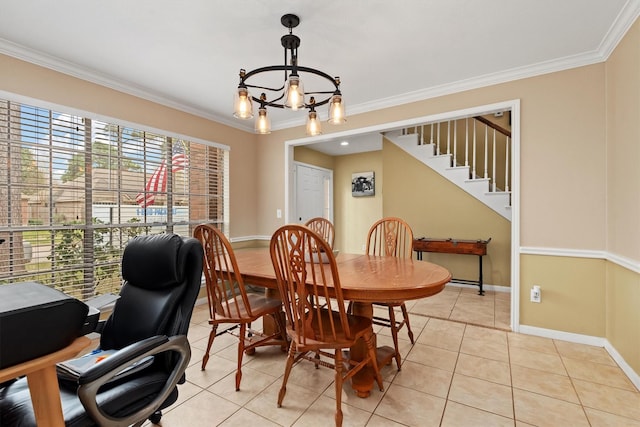 dining space with baseboards, stairs, ornamental molding, light tile patterned floors, and a notable chandelier