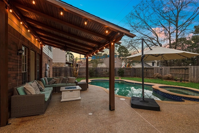 pool at dusk with a fenced backyard, an outdoor living space, a pool with connected hot tub, and a patio