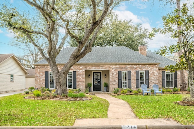 view of front of home featuring a chimney, brick siding, roof with shingles, and a front yard