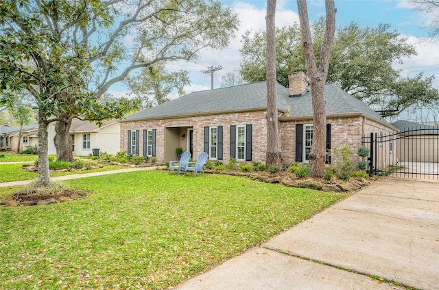 single story home with a front yard, a gate, a chimney, concrete driveway, and brick siding