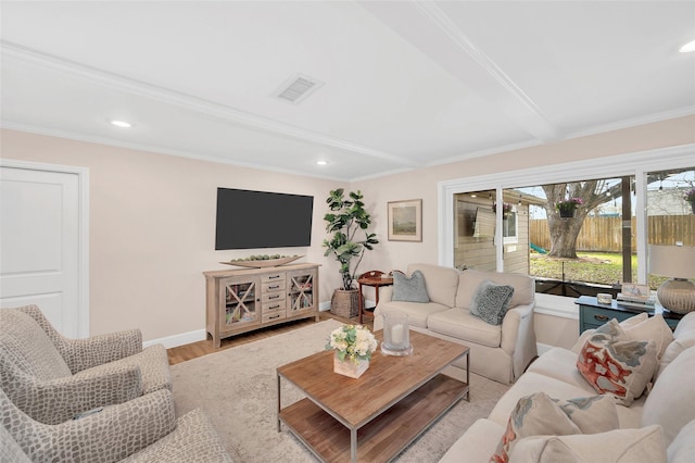 living area featuring wood finished floors, visible vents, baseboards, recessed lighting, and beamed ceiling