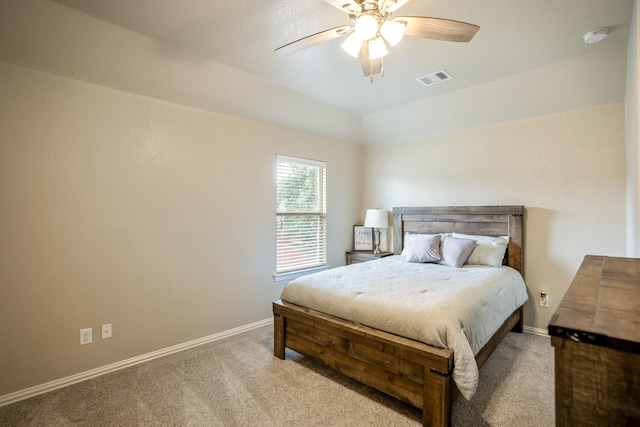 bedroom featuring visible vents, ceiling fan, baseboards, and carpet floors