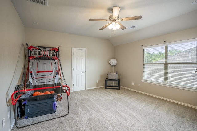 game room featuring visible vents, ceiling fan, baseboards, lofted ceiling, and carpet floors