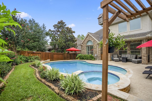 view of swimming pool with a fenced in pool, fence, an outdoor hangout area, an in ground hot tub, and a patio