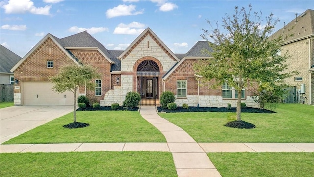 view of front of house with a front yard, driveway, a shingled roof, stone siding, and brick siding