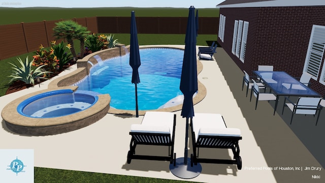 view of swimming pool with a patio area, outdoor dining space, a pool with connected hot tub, and a fenced backyard