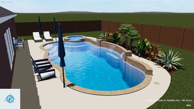 view of swimming pool featuring a patio, a fenced backyard, and a pool with connected hot tub