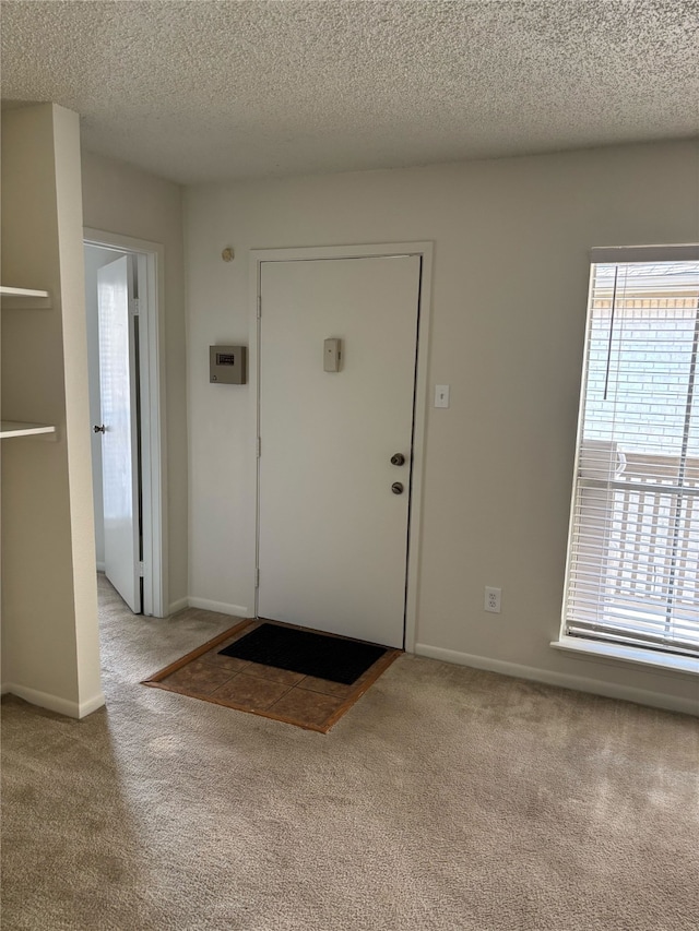 carpeted entrance foyer with a wealth of natural light, a textured ceiling, and baseboards