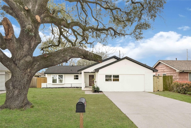 ranch-style house with stucco siding, concrete driveway, a front lawn, and fence