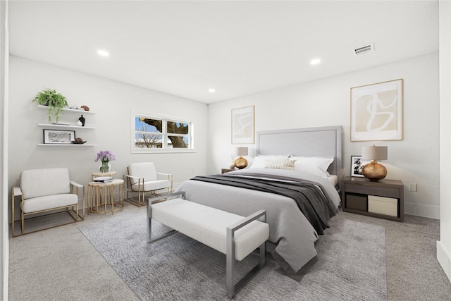 bedroom featuring recessed lighting, visible vents, carpet floors, and baseboards