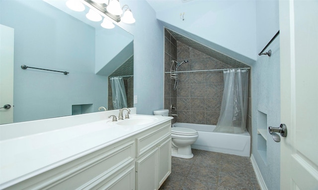 full bathroom featuring shower / tub combo, toilet, and vanity