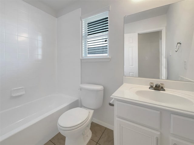 bathroom featuring vanity, toilet, baseboards, and shower / bath combination